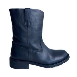 Foundry Black Leather Moto Boots | 90s Minimal Lug Sole Zip Mid-Calf Biker Boots